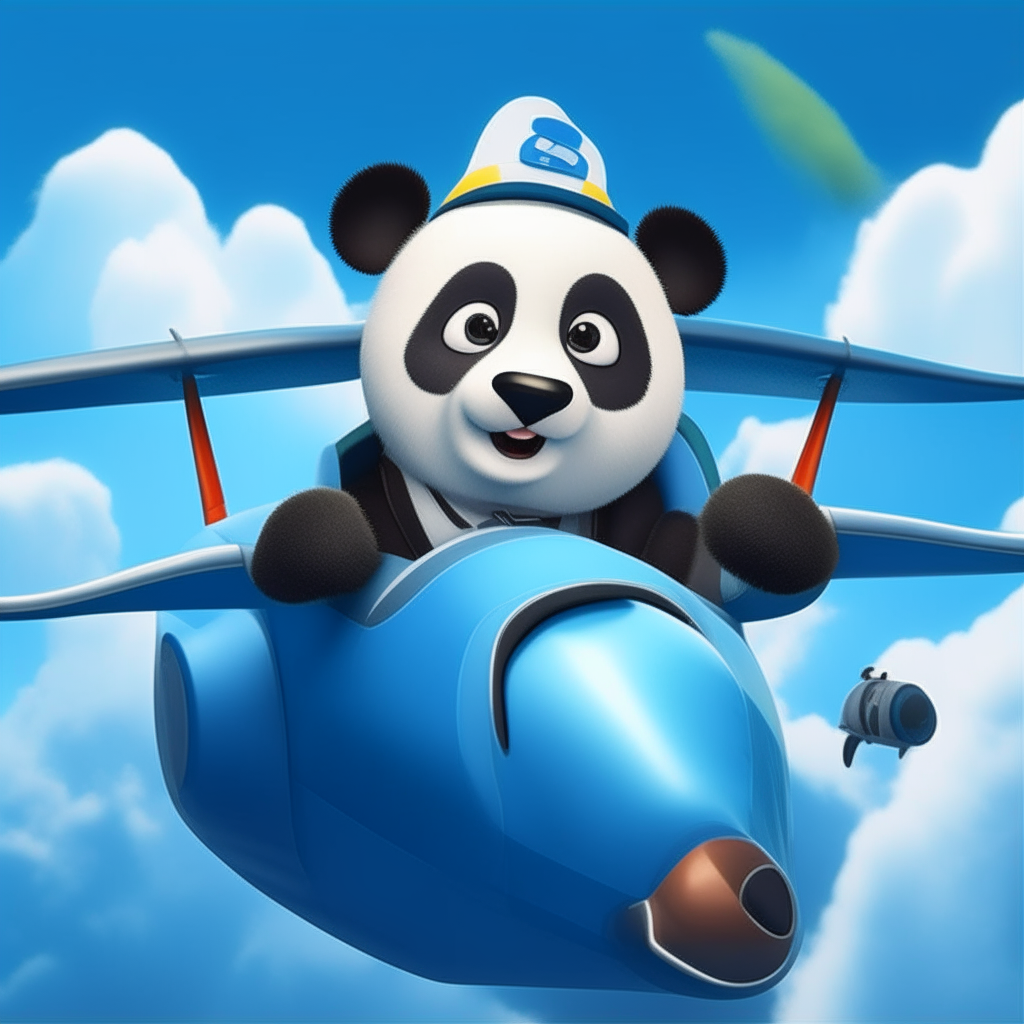 An animated panda with a pilot hat sitting in the cockpit of a cartoon plane, flying through a blue sky with clouds