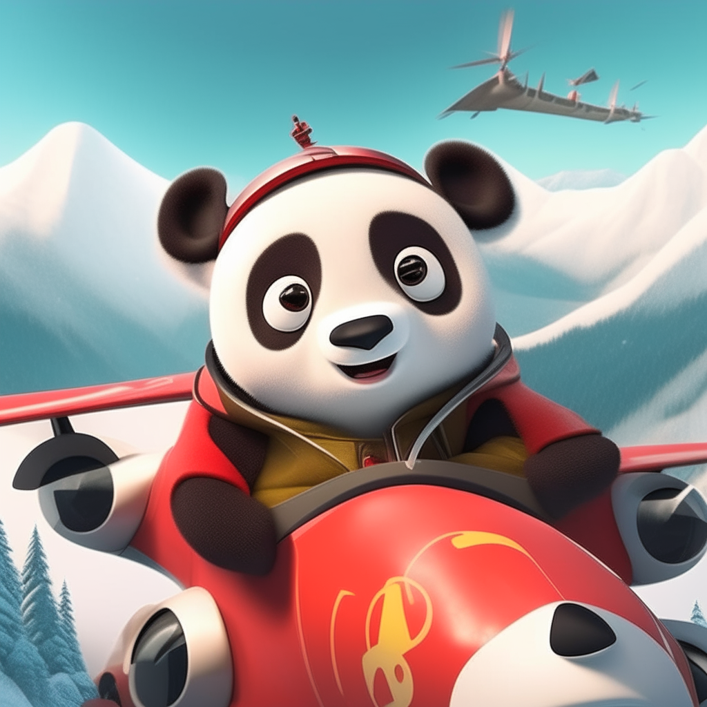 An animated panda with a pilot hat sitting in the cockpit of a red and white cartoon plane, flying over snowy mountains