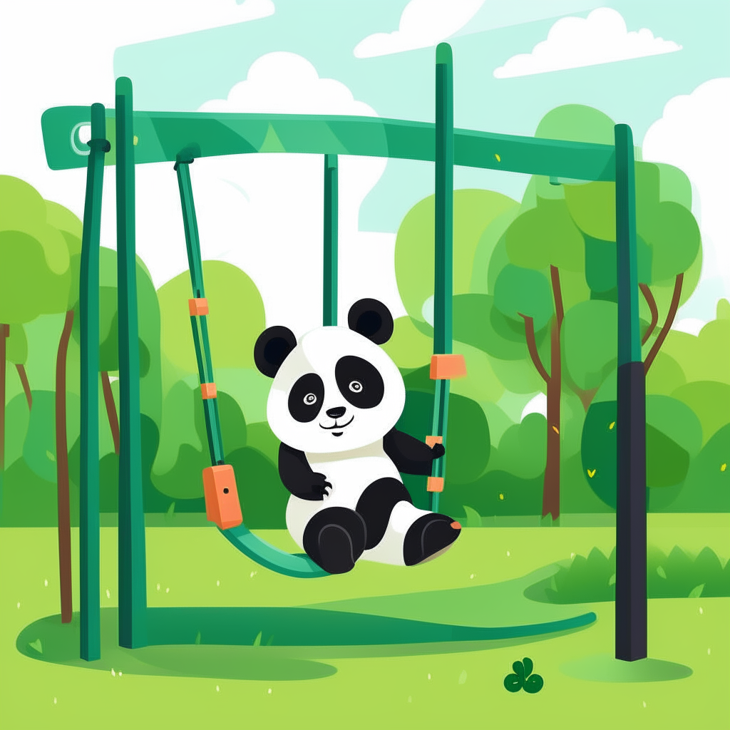 A small panda bear playing on a swing set and slide in a lush green park