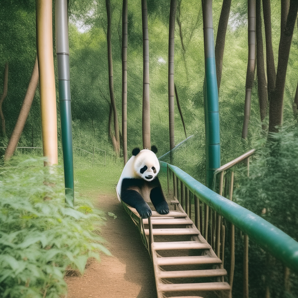 A small panda bear going down a slide in a beautiful park full of trees