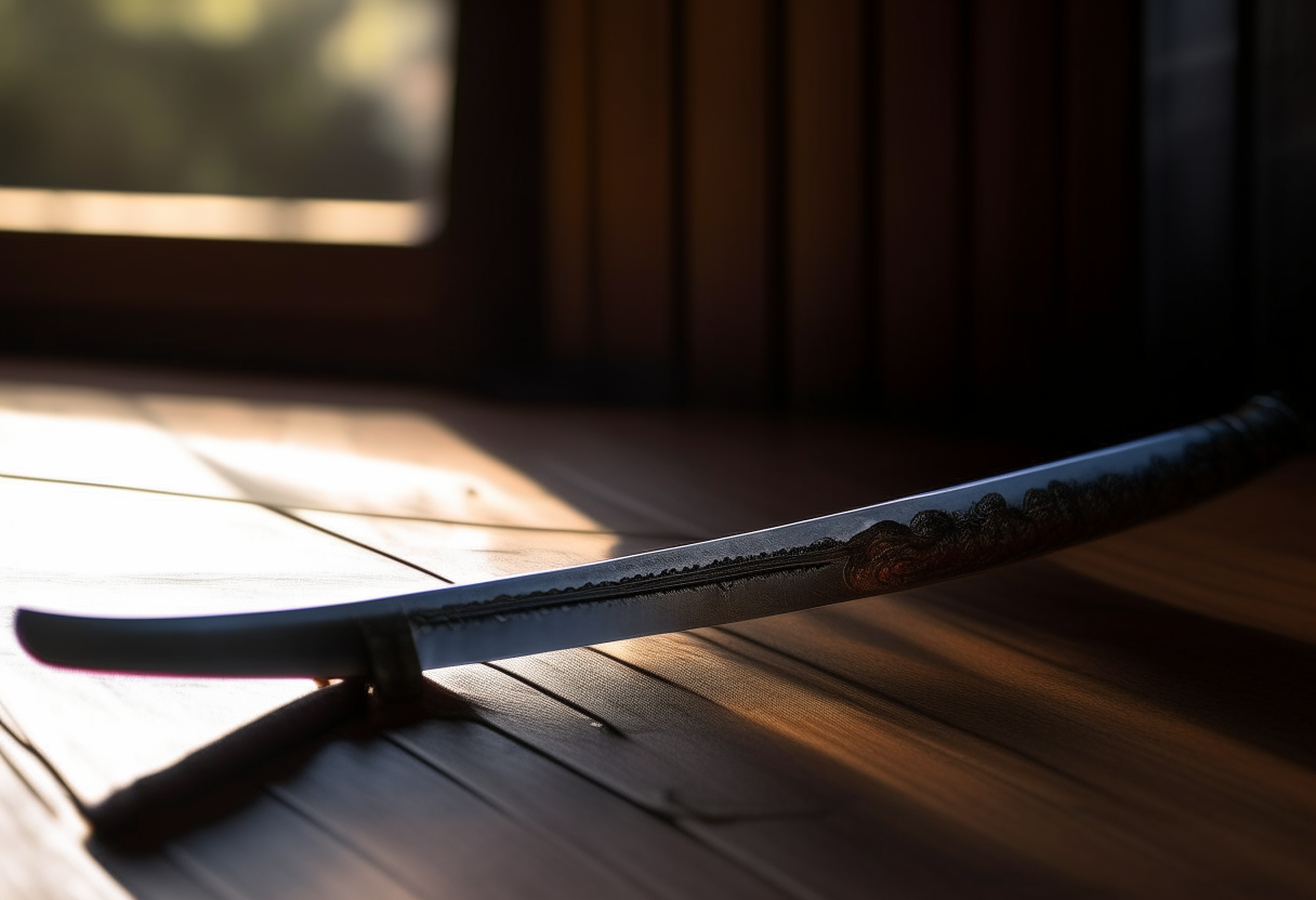 a katana sword lying on a wooden table, sunlight glistening off the polished steel blade