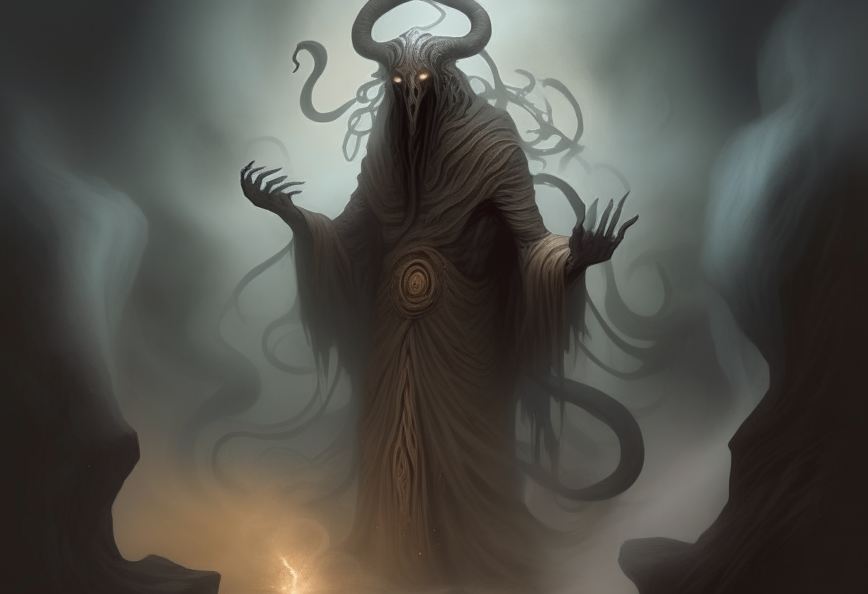 Minos, the monstrous infernal judge of Dante's Inferno, emerges from the shadows in a swirling mist. His piercing gaze and coiled tail radiate an eerie glow as he awaits the souls of the damned.