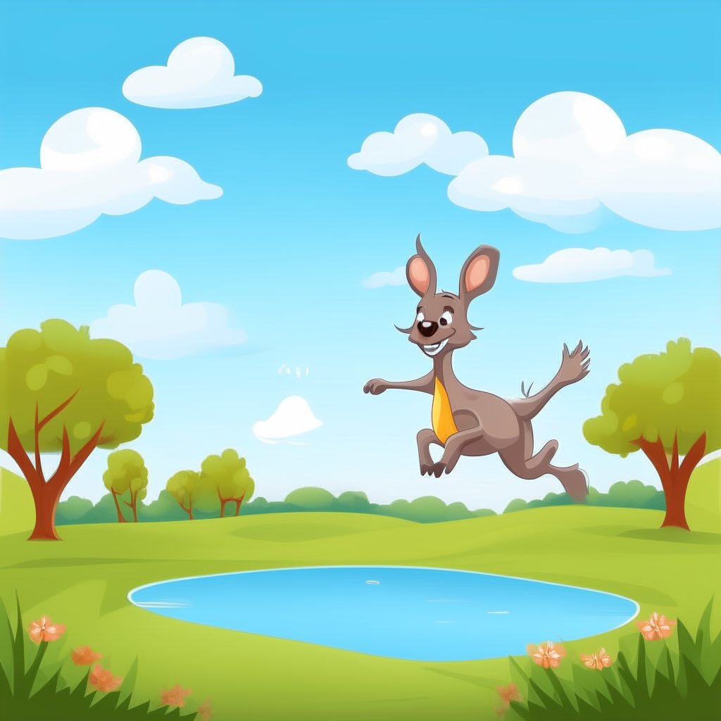 A cute cartoon kangaroo hopping in a beautiful park with blue skies, fluffy clouds, and a pond.