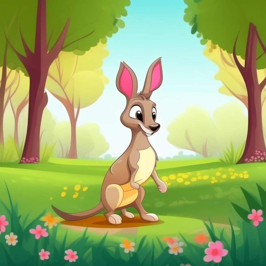 A cute cartoon kangaroo standing in a beautiful park full of green grass, tall trees, and bright flowers.