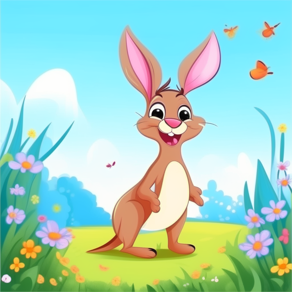 A cute cartoon kangaroo standing in a beautiful park full of flowers, butterflies and a bright blue sky.