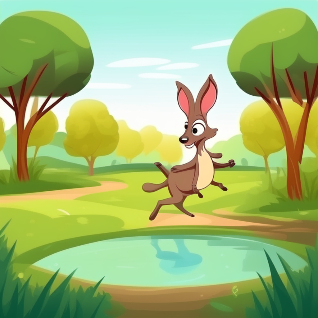 A cute cartoon kangaroo hopping through a beautiful park with green grass, tall trees and a pond.