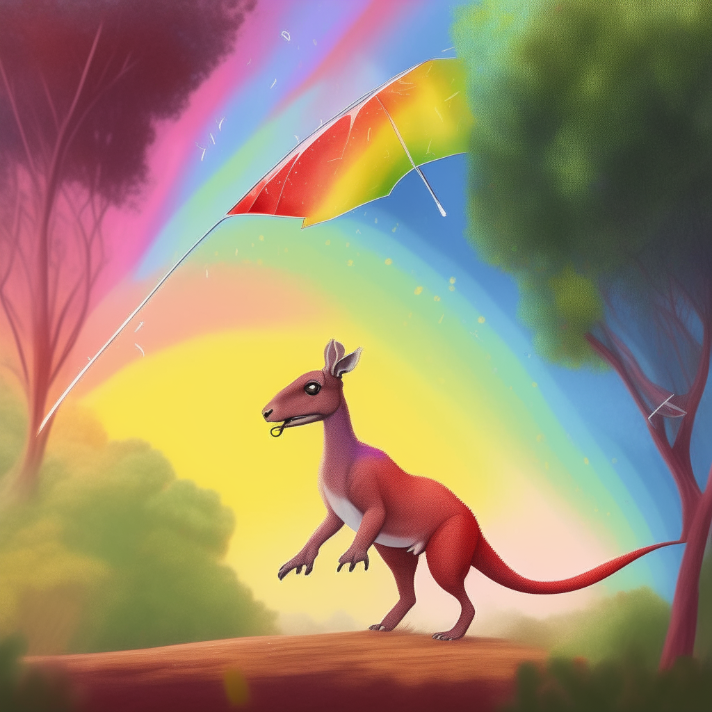 A red kangaroo flying a rainbow kite above trees in a magical park, digital art