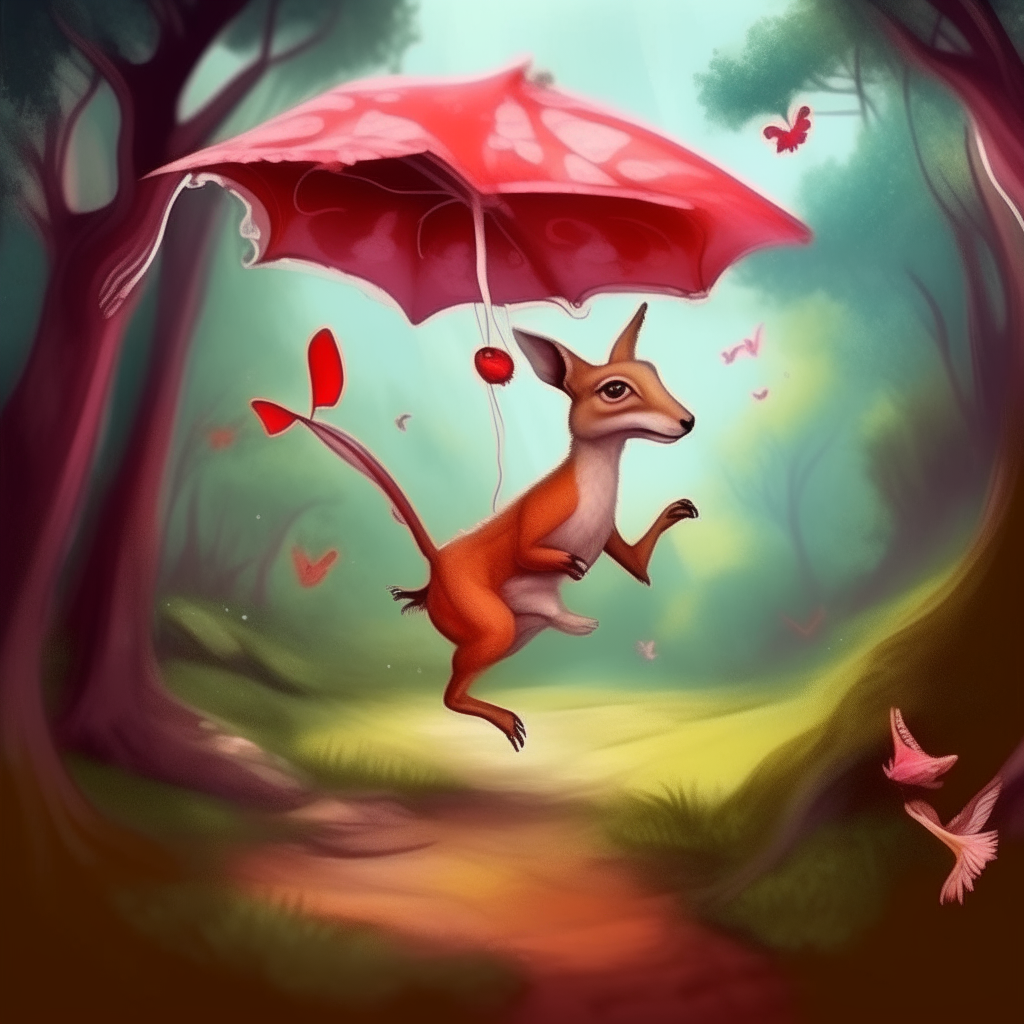 A red kangaroo gleefully flying a butterfly kite above mushroom trees in an enchanted forest, digital painting