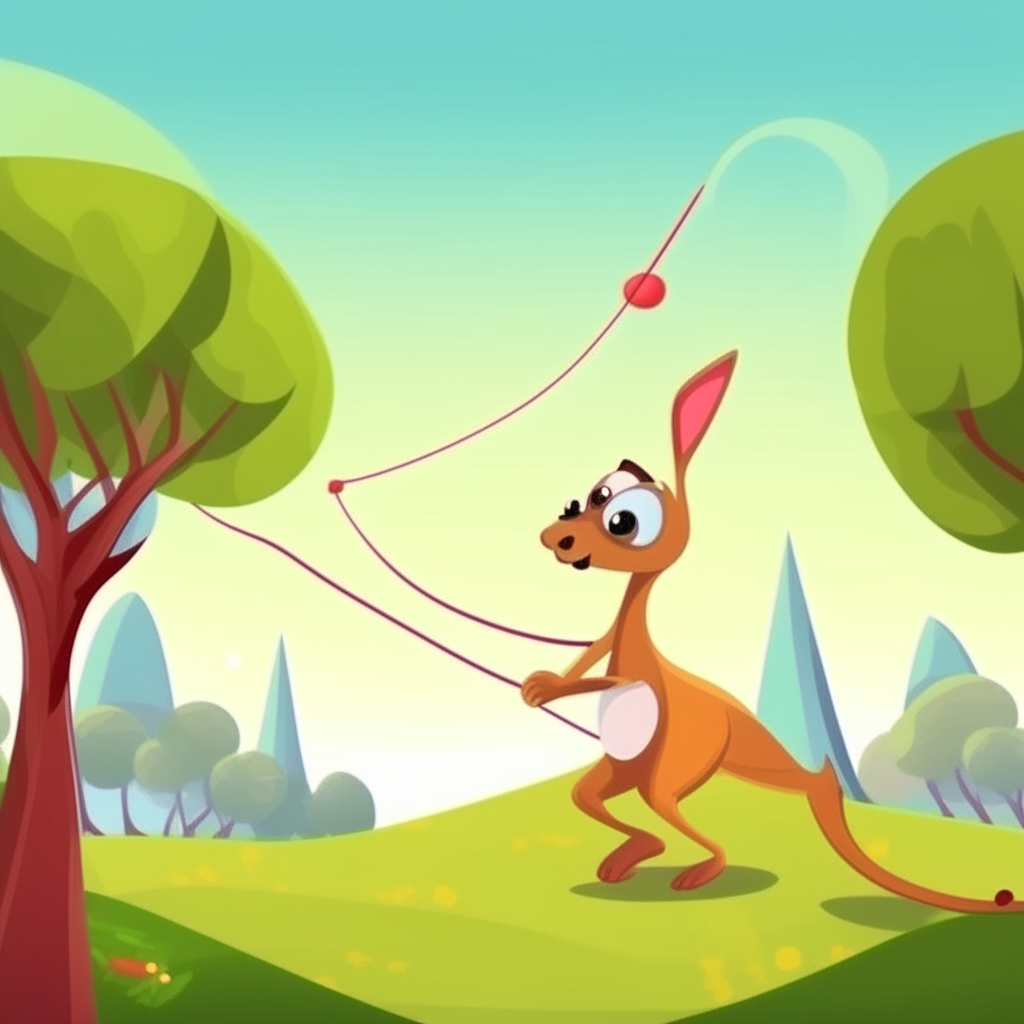 A cartoon kangaroo holding the string and flying a kite in a beautiful park with trees and hills