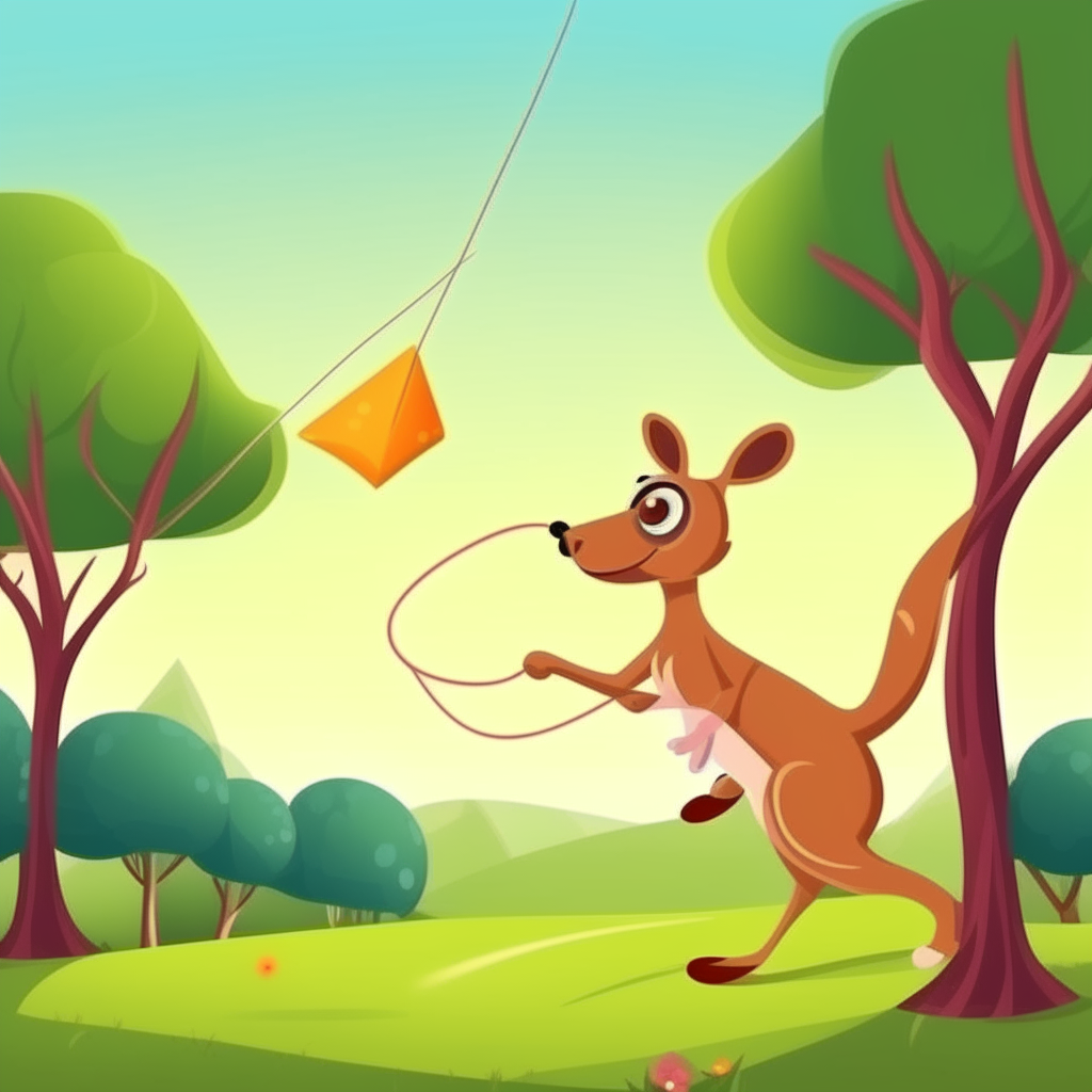 A cartoon kangaroo holding the string and flying a kite in a beautiful park with trees and hills