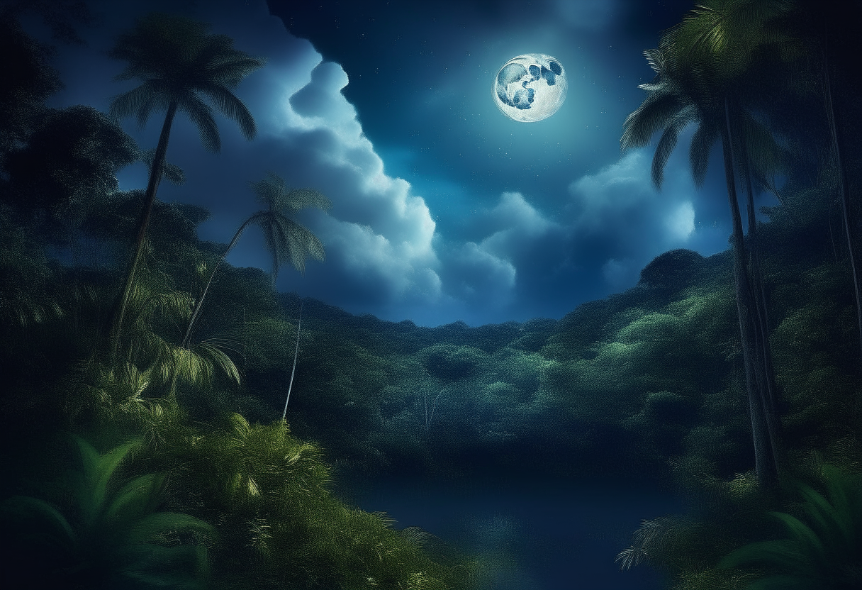 a serene night sky over a dense jungle. A round, luminous moon casts its gentle glow through the thick foliage, while deep blue clouds drift lazily across the star-studded sky. The tranquility and mystery of the nighttime jungle is captured, where the sounds of nocturnal creatures blend harmoniously with the rustling of leaves and the distant murmur of flowing water.