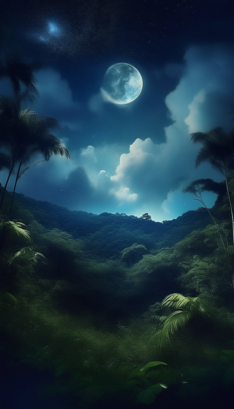 a serene night sky over a dense jungle. A round, luminous moon casts its gentle glow through the thick foliage, while deep blue clouds drift lazily across the star-studded sky. The tranquility and mystery of the nighttime jungle is captured, where the sounds of nocturnal creatures blend harmoniously with the rustling of leaves and the distant murmur of flowing water.