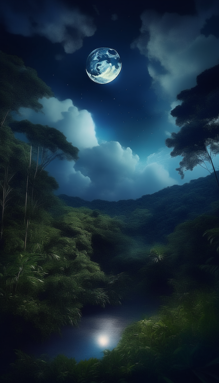 a serene night sky over a dense jungle. A round, luminous moon casts its gentle glow through the thick foliage, while deep blue clouds drift lazily across the star-studded sky. The tranquility and mystery of the nighttime jungle is captured, where the sounds of nocturnal creatures blend harmoniously with the rustling of leaves and the distant murmur of flowing water.