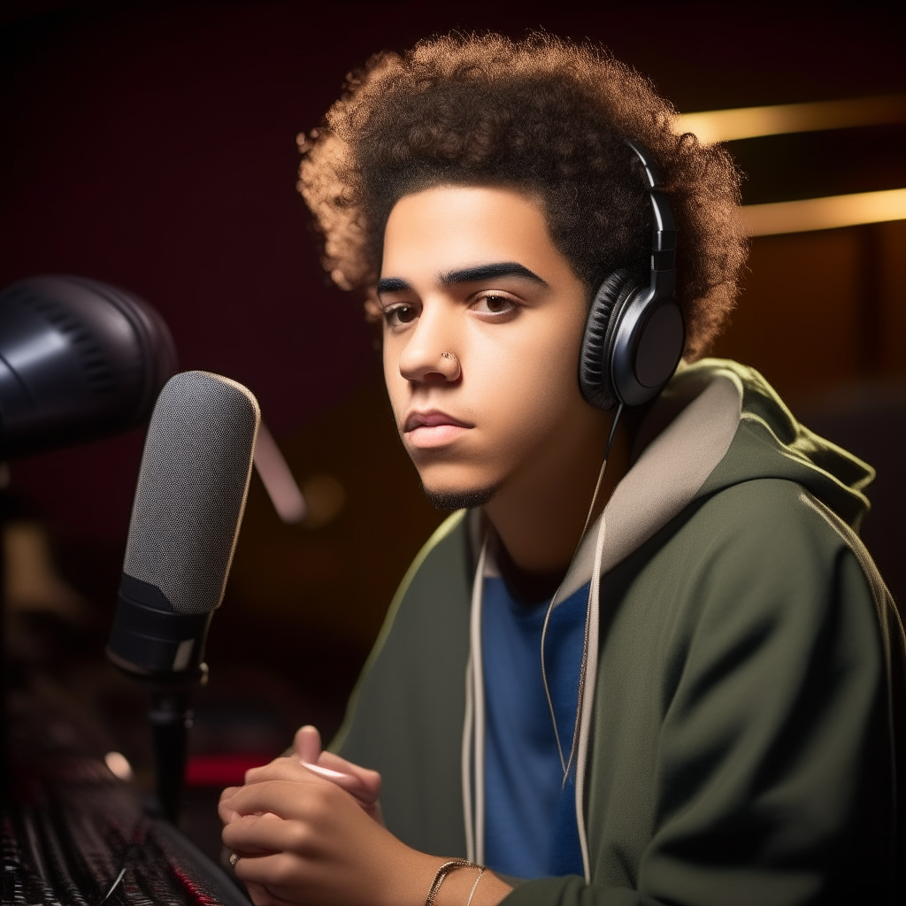 A 20 year old Hispanic male rapper with curly hair on top and shaved sides, sitting in a recording studio filled with microphones, sound equipment, and instruments, medium camera angle portrait