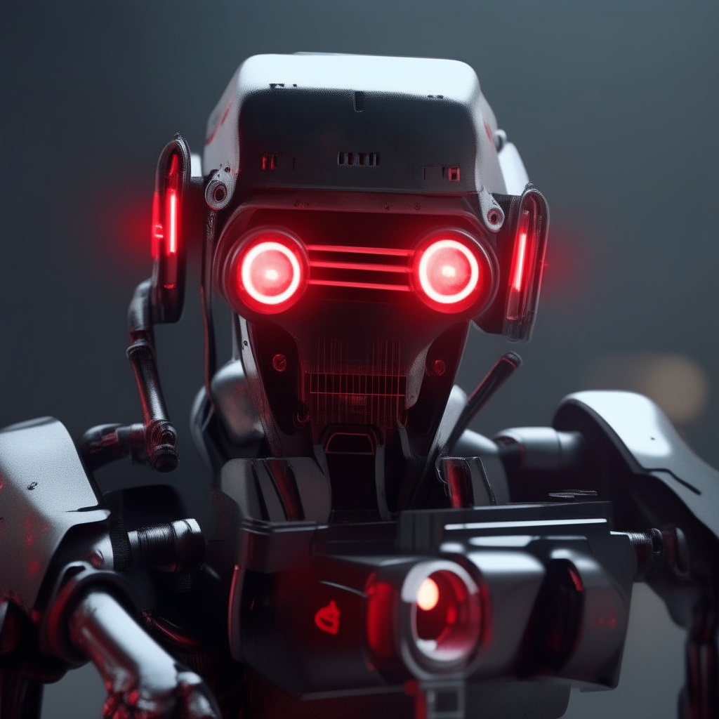 A robot with a riffle and red light eyes