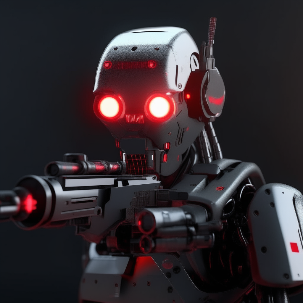 A robot with a riffle and red light eyes looking at the right