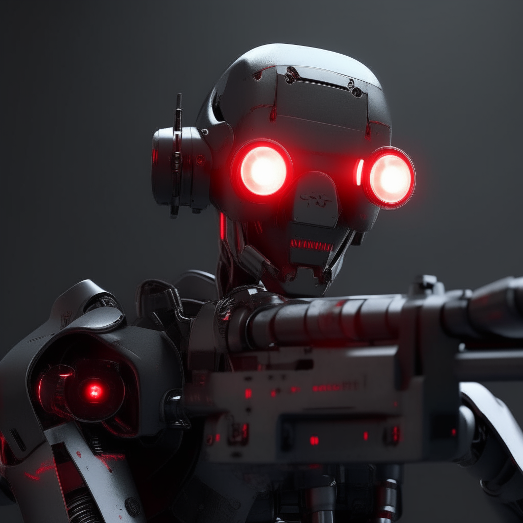 A robot with a riffle and red light eyes looking at the left