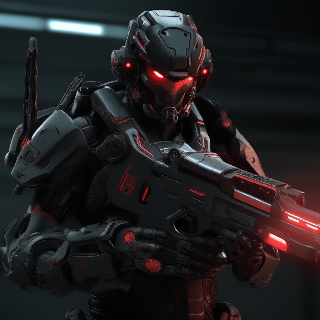 a cyborg soldier wearing black armor and holding an assault rifle, with glowing red eyes and mechanical parts visible