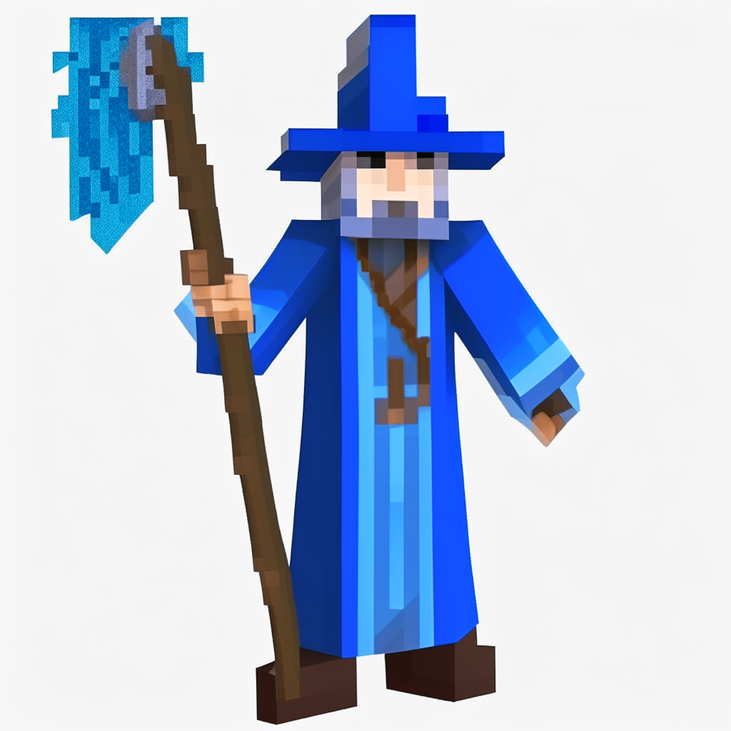 a Minecraft skin for a wizard character, with a long blue robe, pointed hat, and holding a magic staff