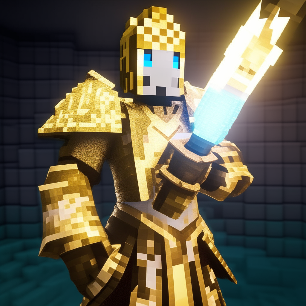 A Minecraft skin of a warrior in shining gold armor, holding a diamond sword, with enchantments glowing along the edges of the armor and weapon