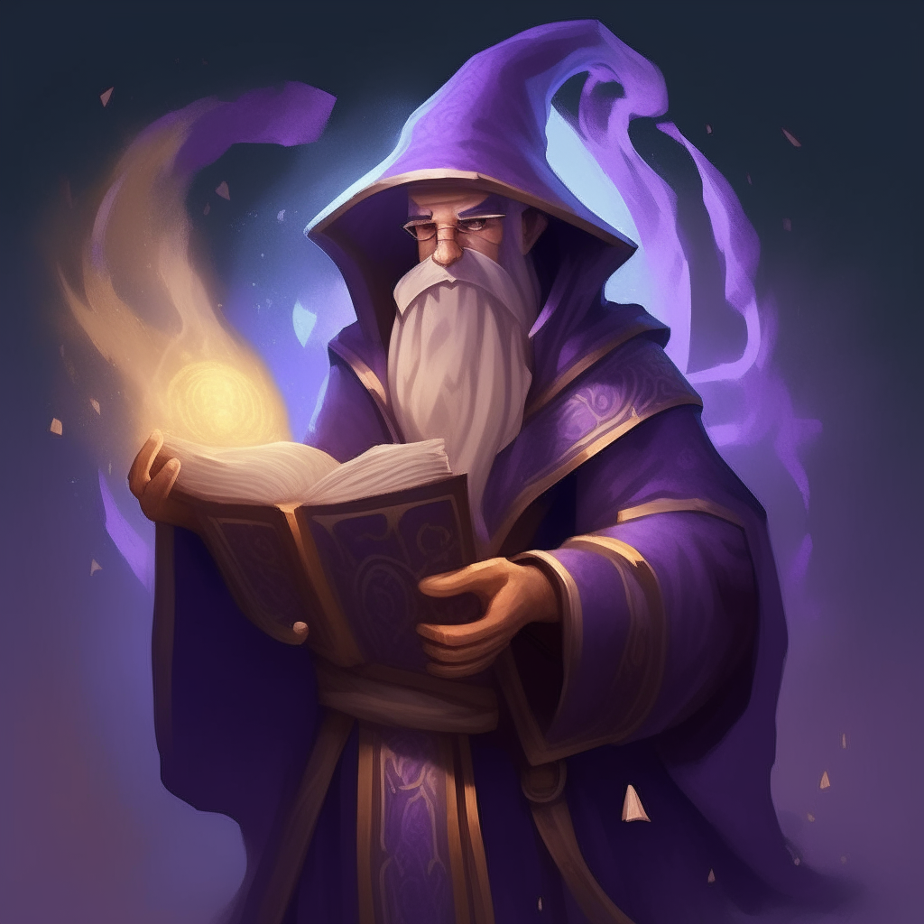 A Minecraft skin of a wizard in flowing purple robes, with a pointed hat and holding an enchanted spell book, magic swirling around their hands