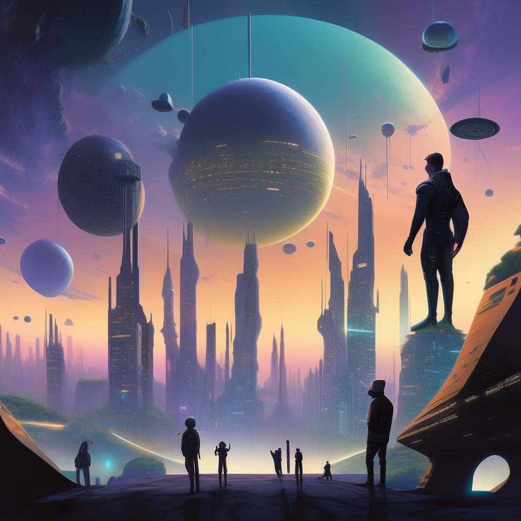 A futuristic and fantastical setting that seems to be a mix of a cityscape and outer space. Unique buildings resembling skyscrapers and with unconventional shapes. Silhouettes of five characters standing prominently at the top center. Below, two detailed characters wearing futuristic attire. Planets, stars and spaceships scattered throughout the sky, adding an otherworldly feel. The main title reads 'Malachite Gamers: A 25th Century Integalactic II-Gaming Hub.'