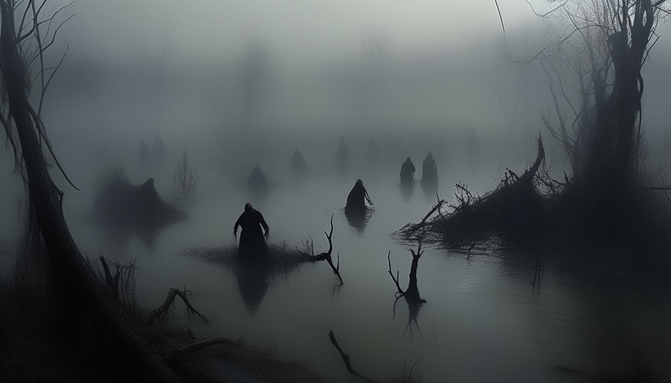 The mist-cloaked marshes of the Styx river. Twisted figures writhe in the mire, gnashing teeth and tearing flesh in a frenzy of self-inflicted torment. Their anguished cries echo through the gloom, conveying the overwhelming despair that defines this circle of Dante's Inferno where the wrathful are punished.