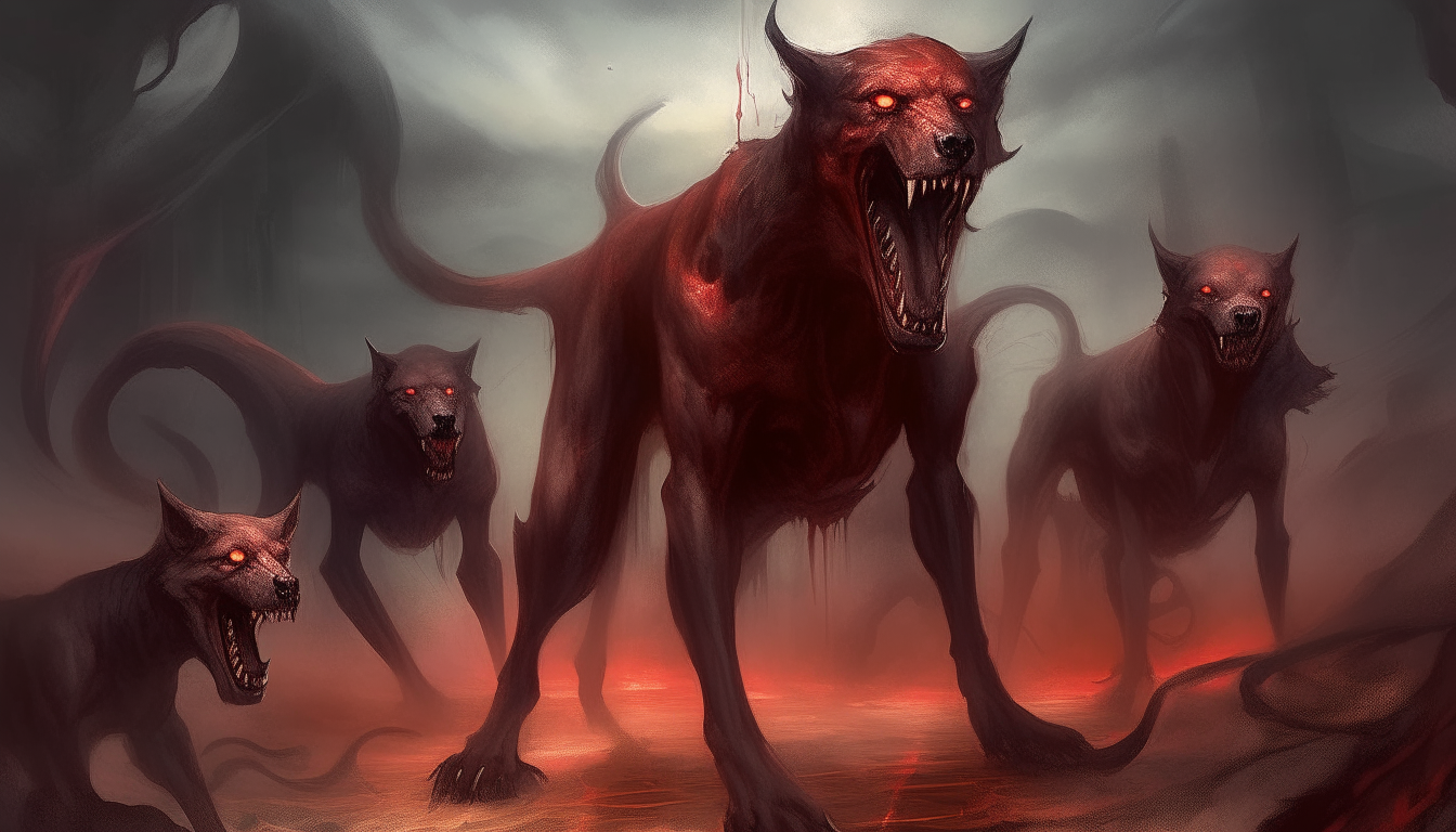 The monstrous three-headed hound Cerberus looms over the mist-shrouded marshes of the Styx. His blood-red eyes glare menacingly as his bulging belly, adorned with gleaming claws, hangs low above the wretched souls immersed in the mire. A nightmarish vision of one of the legendary guardians of Dante's underworld.