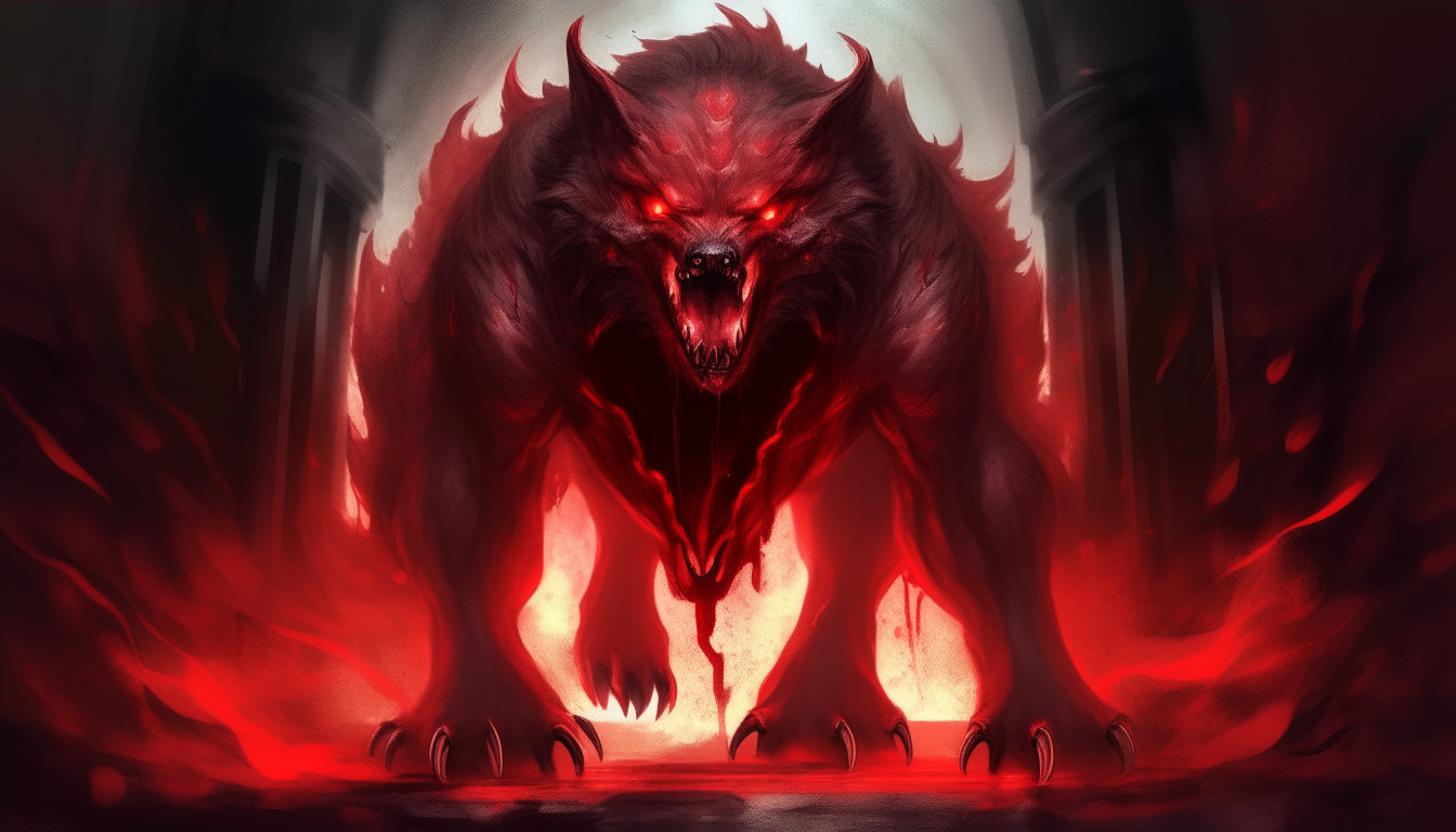 Cerberus' blood-red eyes glow fiercely in the shadows, as his massive form lurks, poised to unleash fury upon any souls who cry out. A primal vision of the legendary guardian of the underworld.