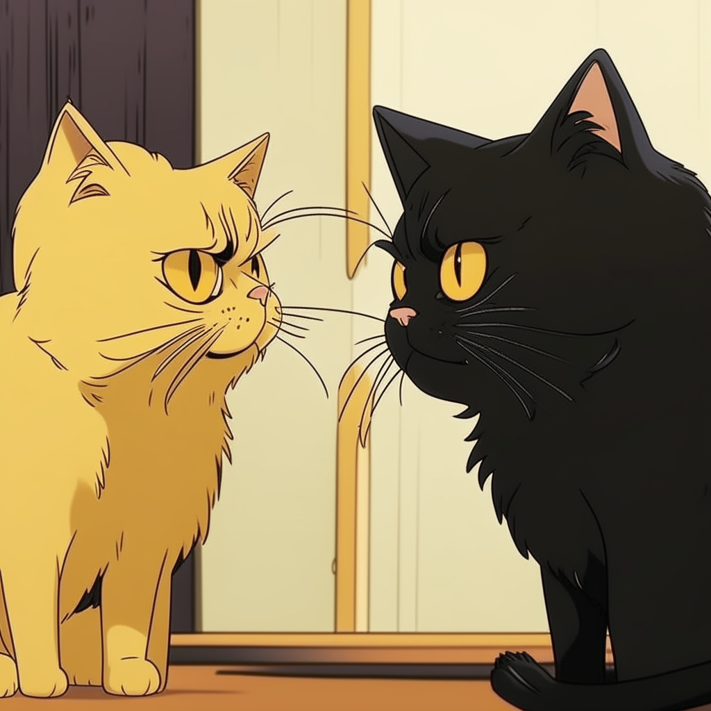 two anime cats - a yellow cat and black Persian cat - talking, 16:9