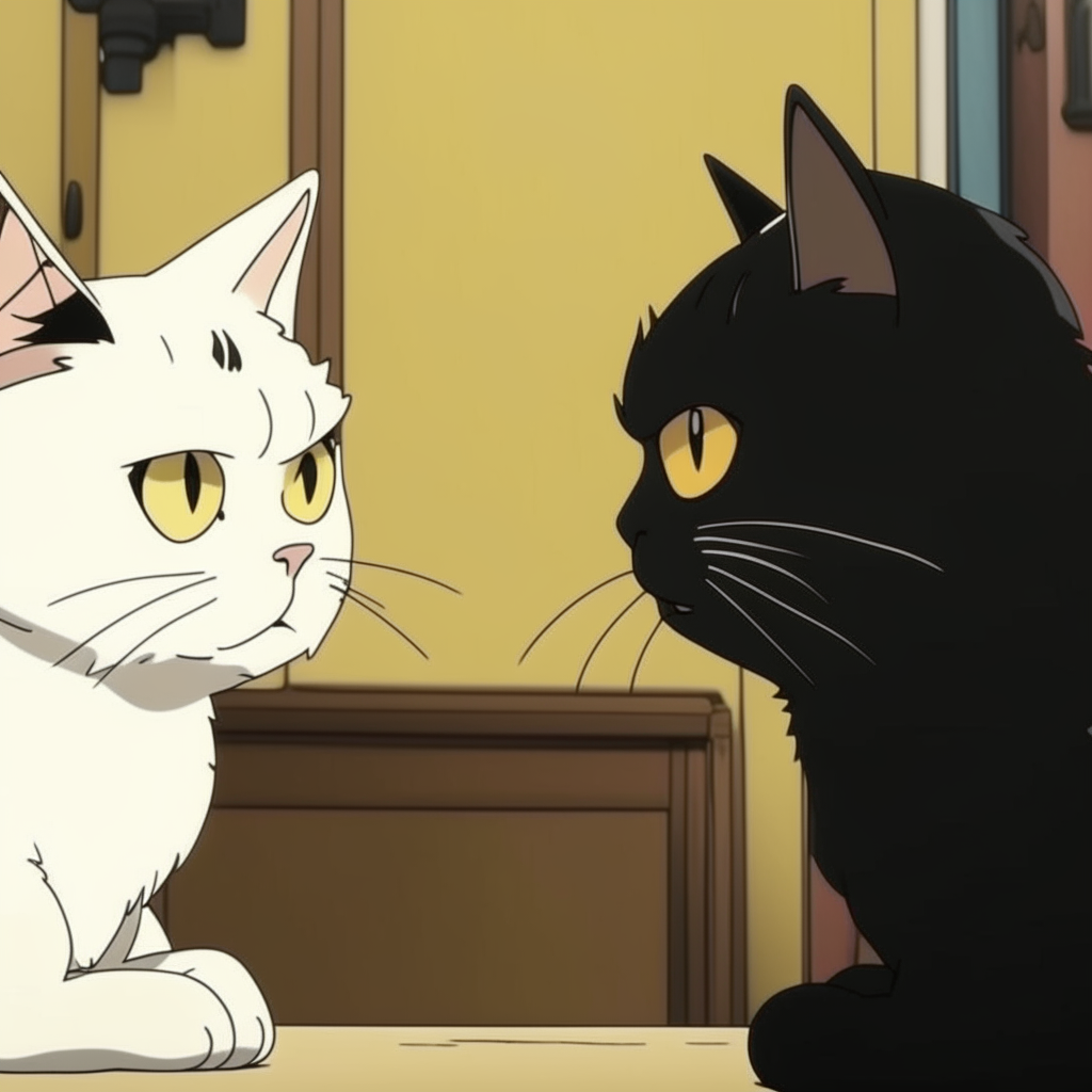 two anime cats - a big yellow-white male cat and black Persian female cat - talking, 16:9