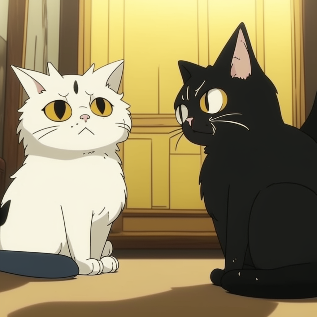 two anime cats - a big yellow-white male cat and black Persian female cat - talking, ar 16:9