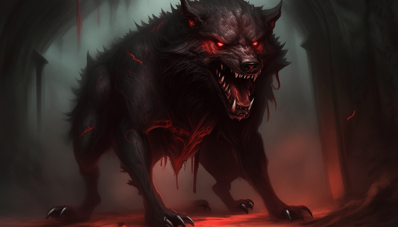 The monstrous hound Cerberus lurks in the shadows, his blood-red eyes and matted black fur creating a chilling visage. Sharp claws extend from his ominous form, poised to defend the gates of the underworld.