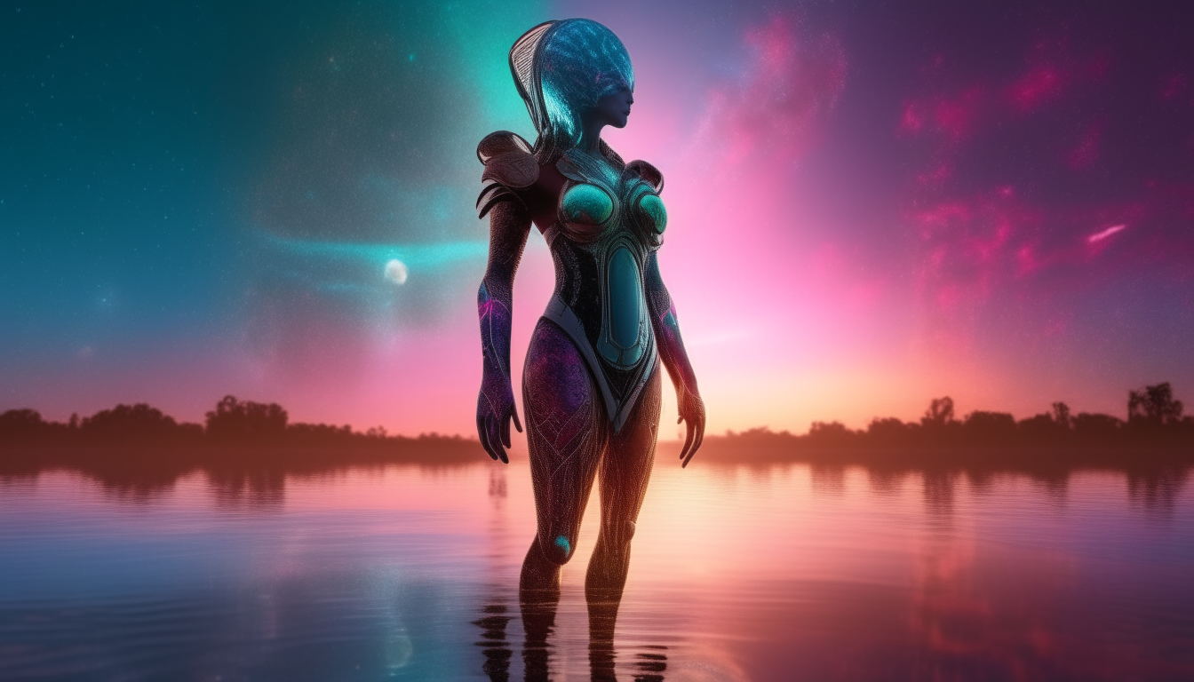 An alien goddess wearing a futuristic armor standing in the reflective waters of an alien new world with a cosmic sky and colorful space dust clouds. Very realistic and dark sci-fi fantasy style image with 16:9 aspect ratio