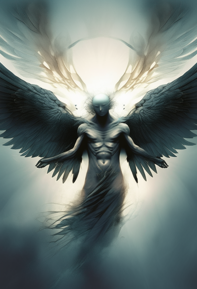 Create an image of winged beings on the wings of the Creator