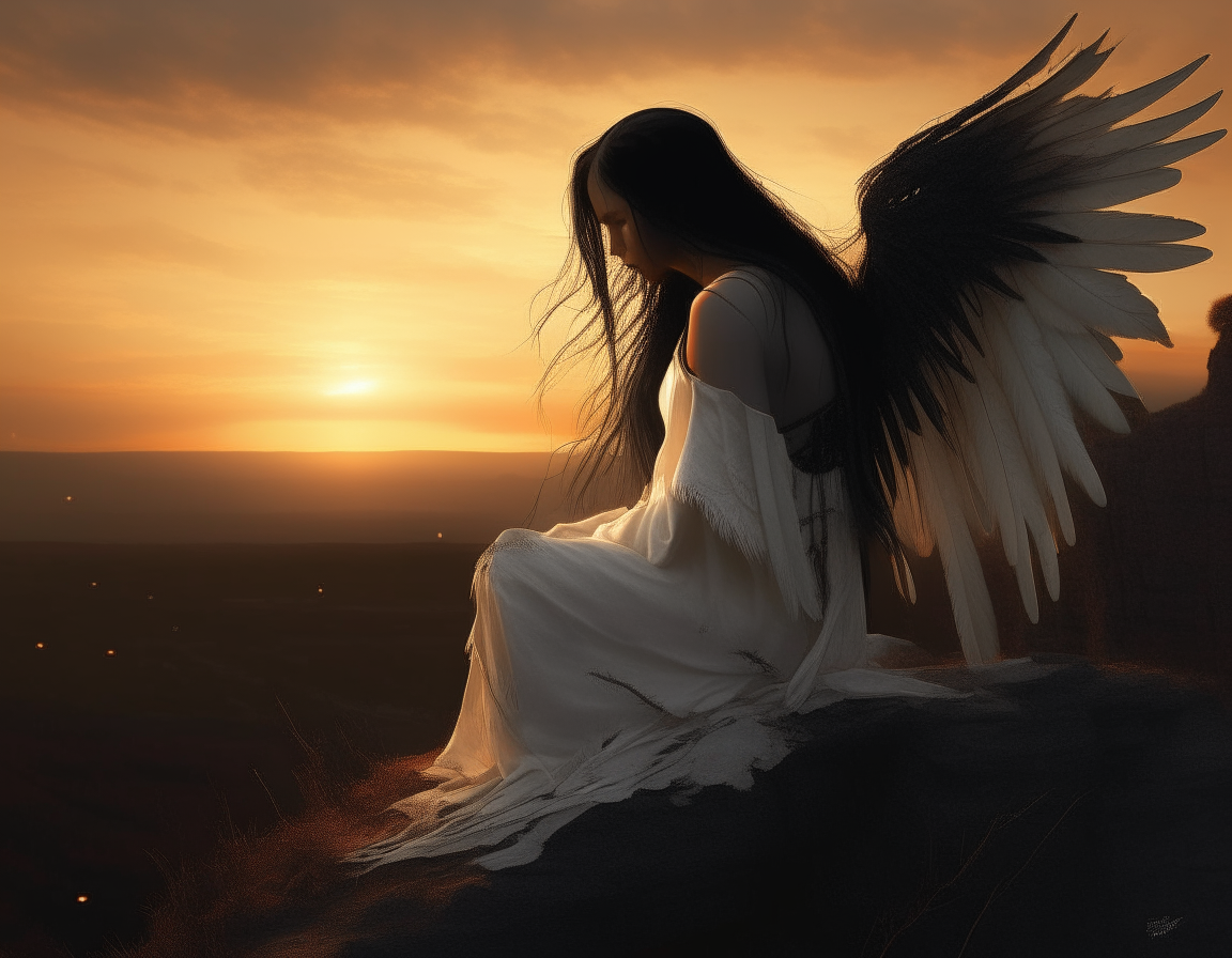 fallen angel sits on a cliff edge at dawn, her long black hair and white wings flowing in the breeze. As the rising sun illuminates her face with its warm glow, she feels her tattered heart beginning to mend.