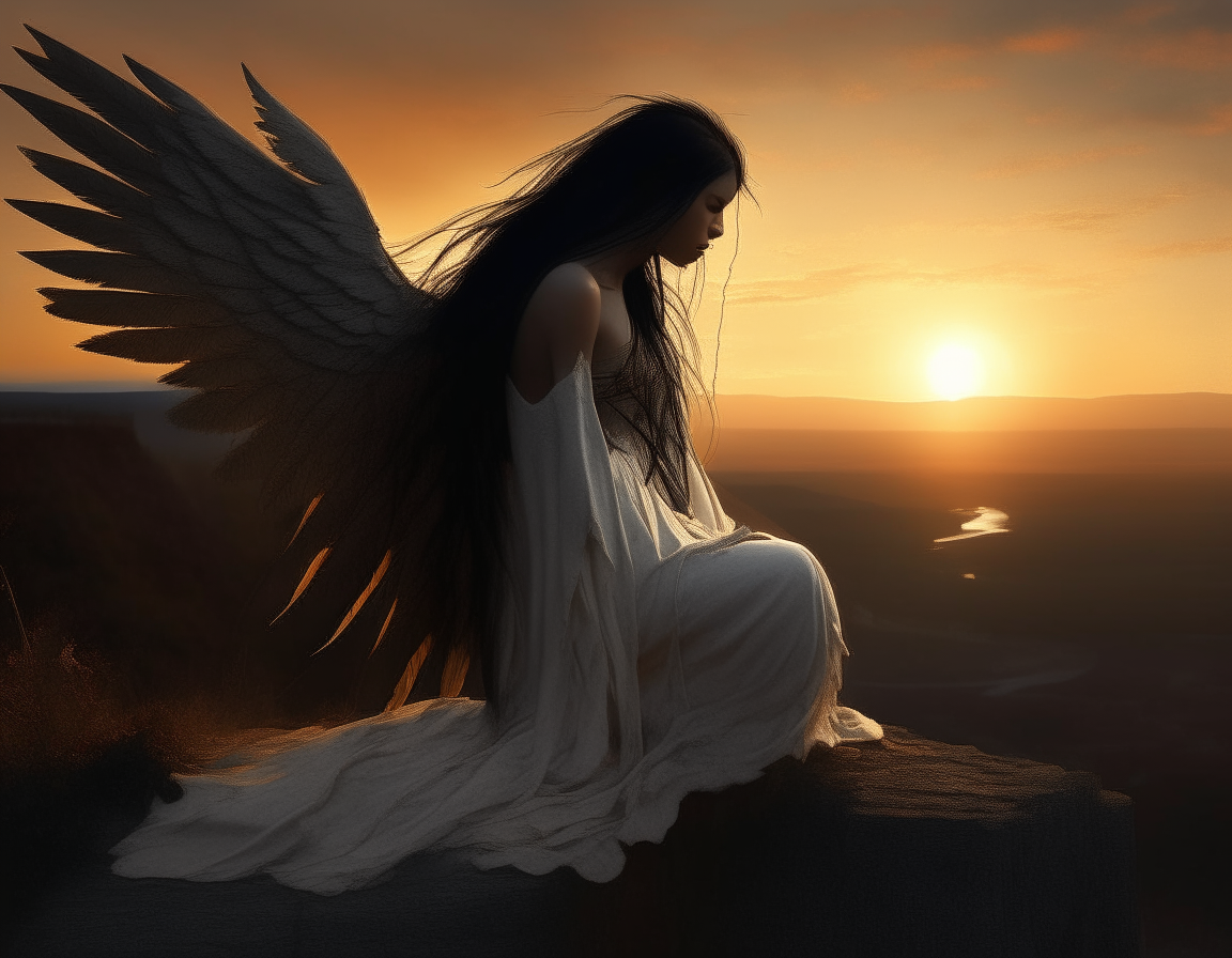 fallen angel sits on a cliff edge at dawn, her long black hair and white wings flowing in the breeze from a different perspective. As the rising sun illuminates her face with its warm glow, she feels her tattered heart beginning to mend.