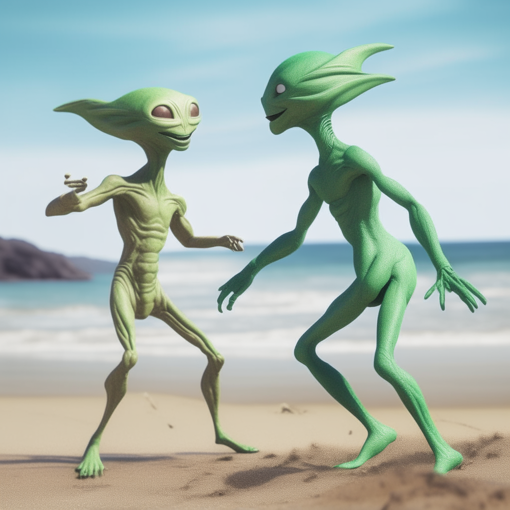 The green alien creature and the fawn from the original image jumping happily together on a sandy beach by the ocean