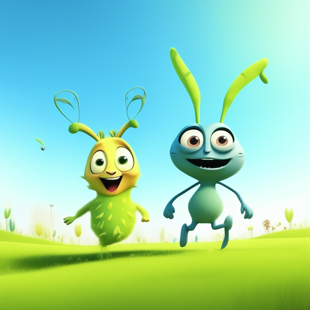 Two cartoon characters, a green creature with antennas and a fawn, running playfully through a grassy meadow with a blue sky background