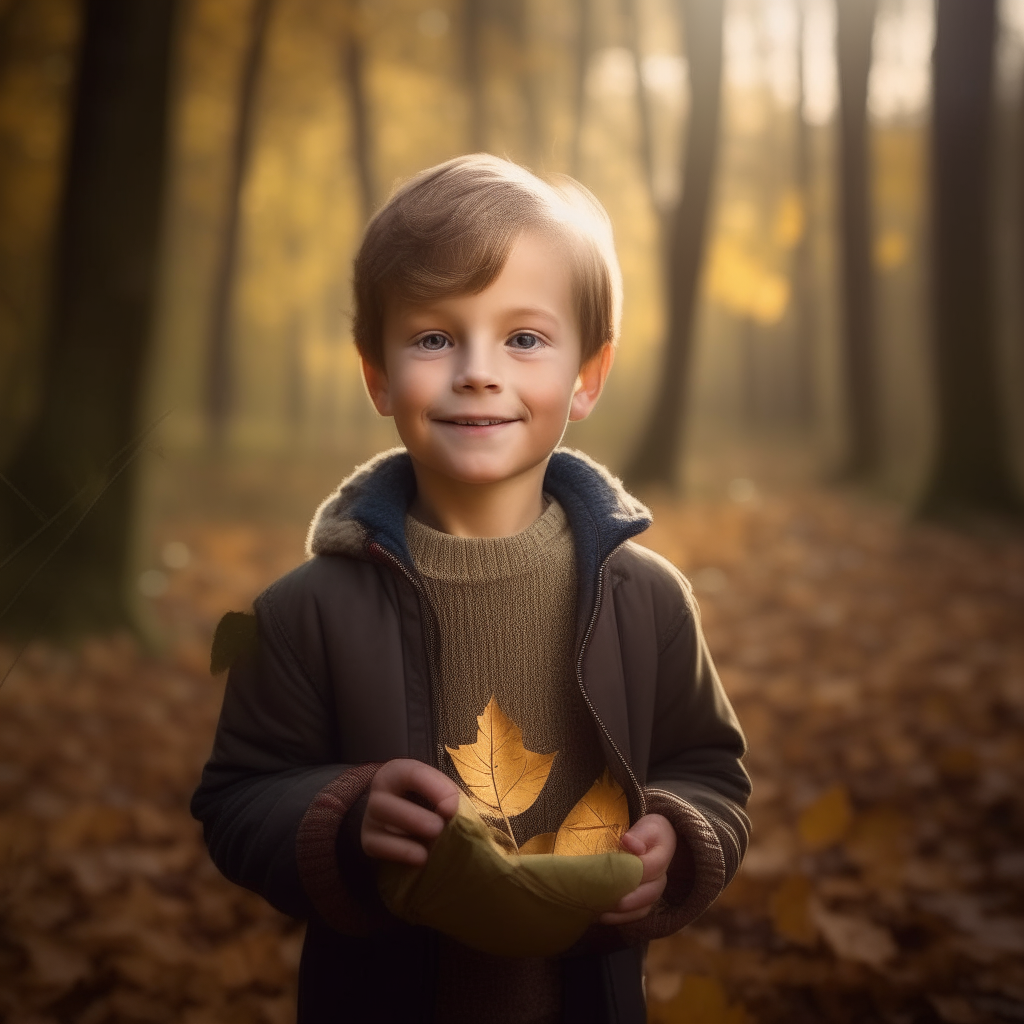 a smiling 5 year old boy holding autumn leaves in his hands, standing in a sunny forest clearing photorealistic portrait using natural light