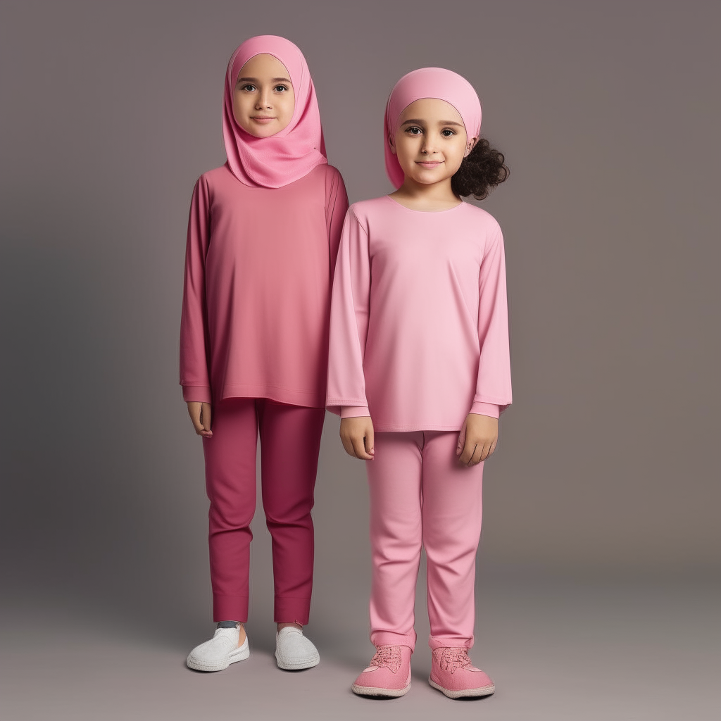 Five years old girl wearing pink shirt and pants and a girl wearing hijab realistic stand behind her