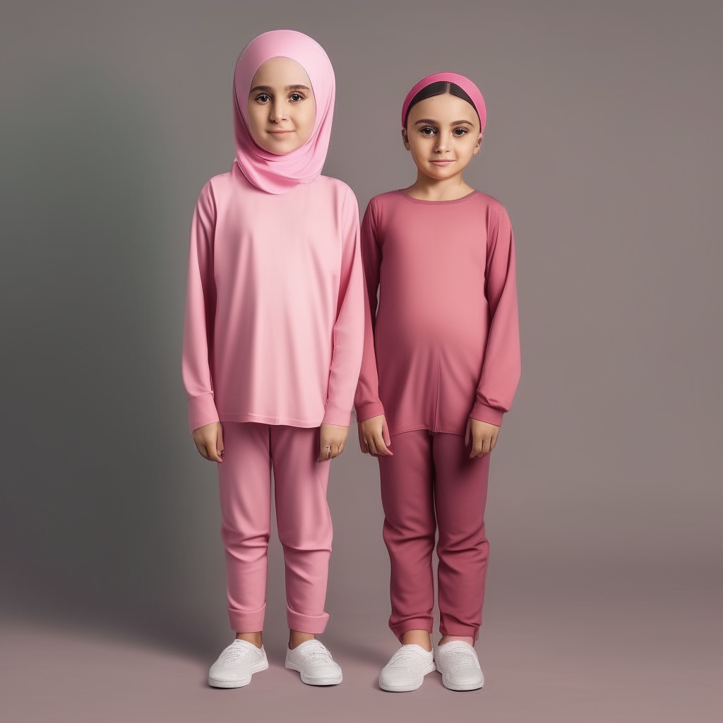 Five years old girl wearing pink shirt and pants and a girl wearing hijab realistic stand behind her