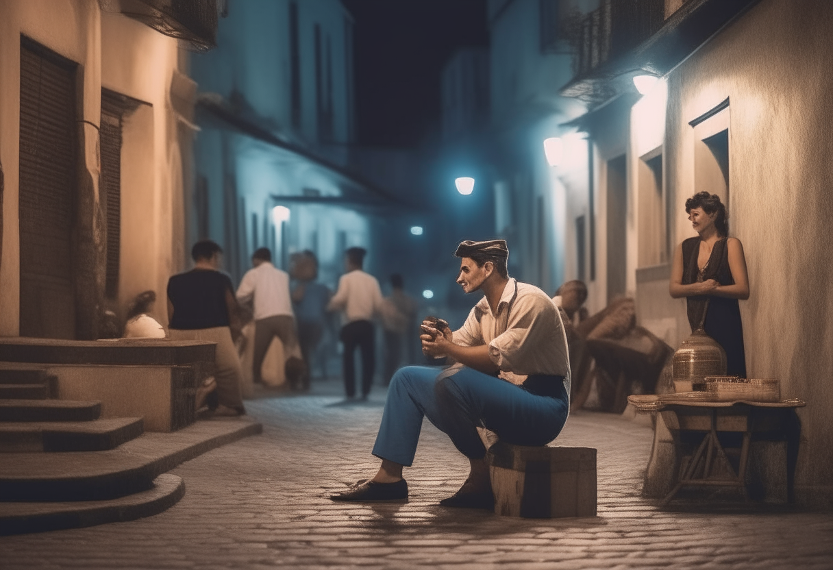 a man smoking a cigarette sitting on a wooden crate in a cobbled alley, as couples dance tango in the streets and on the sidewalks at night, the neighborhood comes alive with music and dance