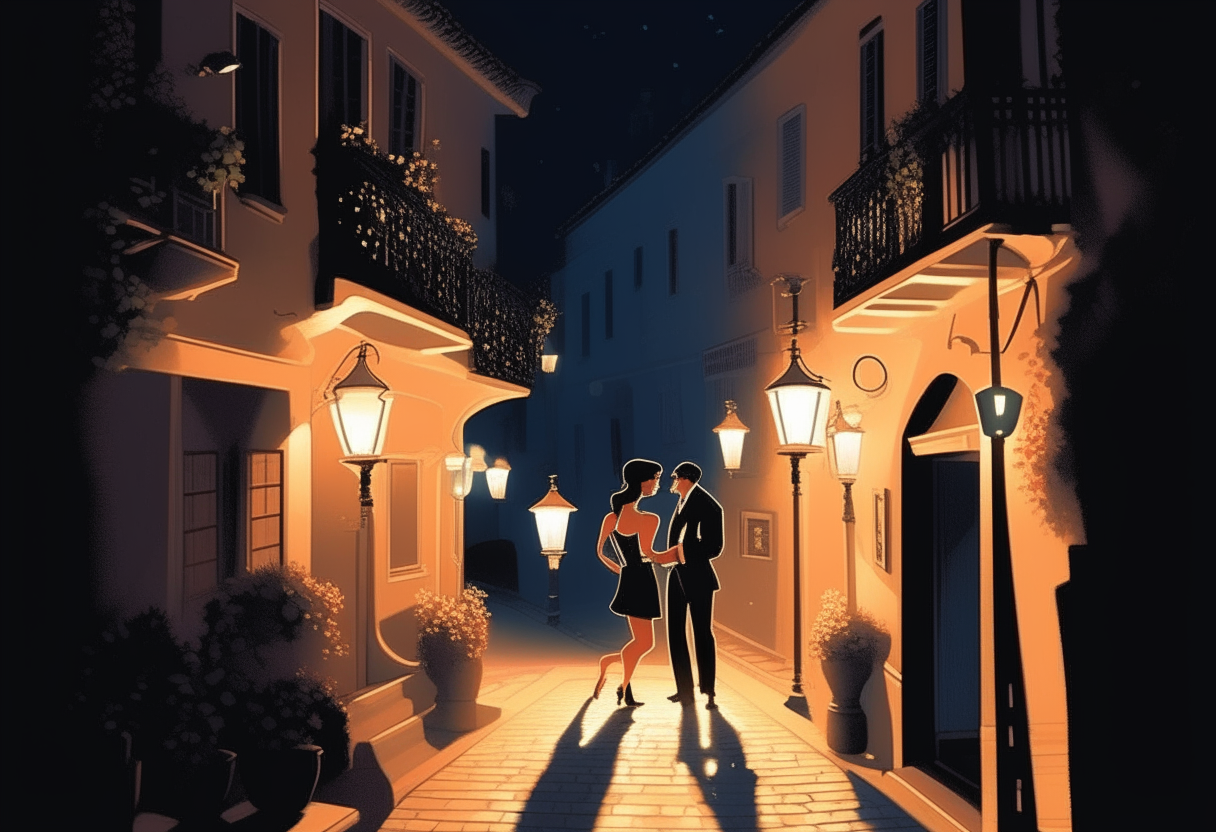 A couple dancing tango under street lamps on a cobblestone street at night. Shadows of passersby are cast by the lamps, and flower pots decorate balconies, adding to the picturesque nighttime atmosphere.