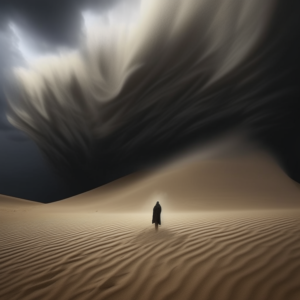 A lone figure stands amidst a howling maelstrom of sand and wind, as the frenzied storm reaches its apex