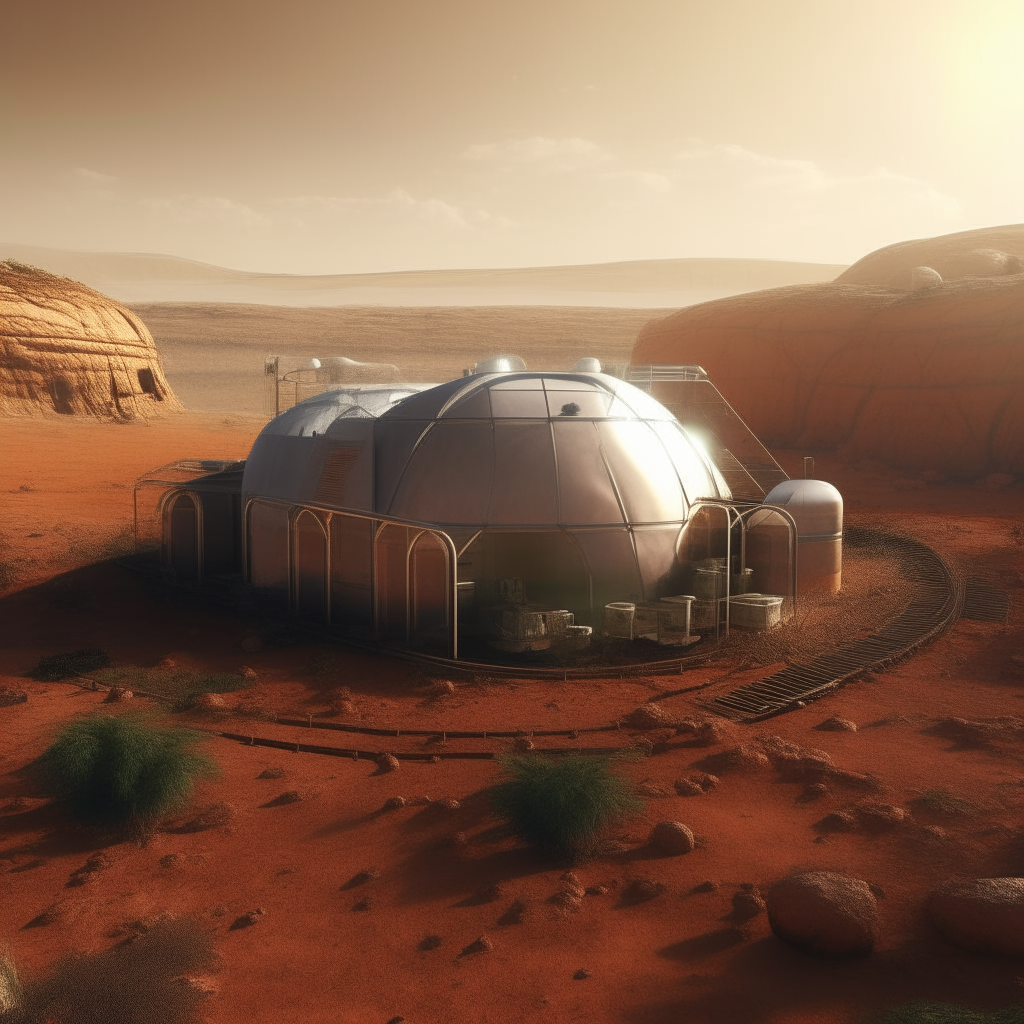 A futuristic domed habitat on the rust-colored plains of Mars, with solar panels and greenhouse gardens A partially buried underground Martian outpost peeks above the rocky soil, with sensor arrays scanning the horizon