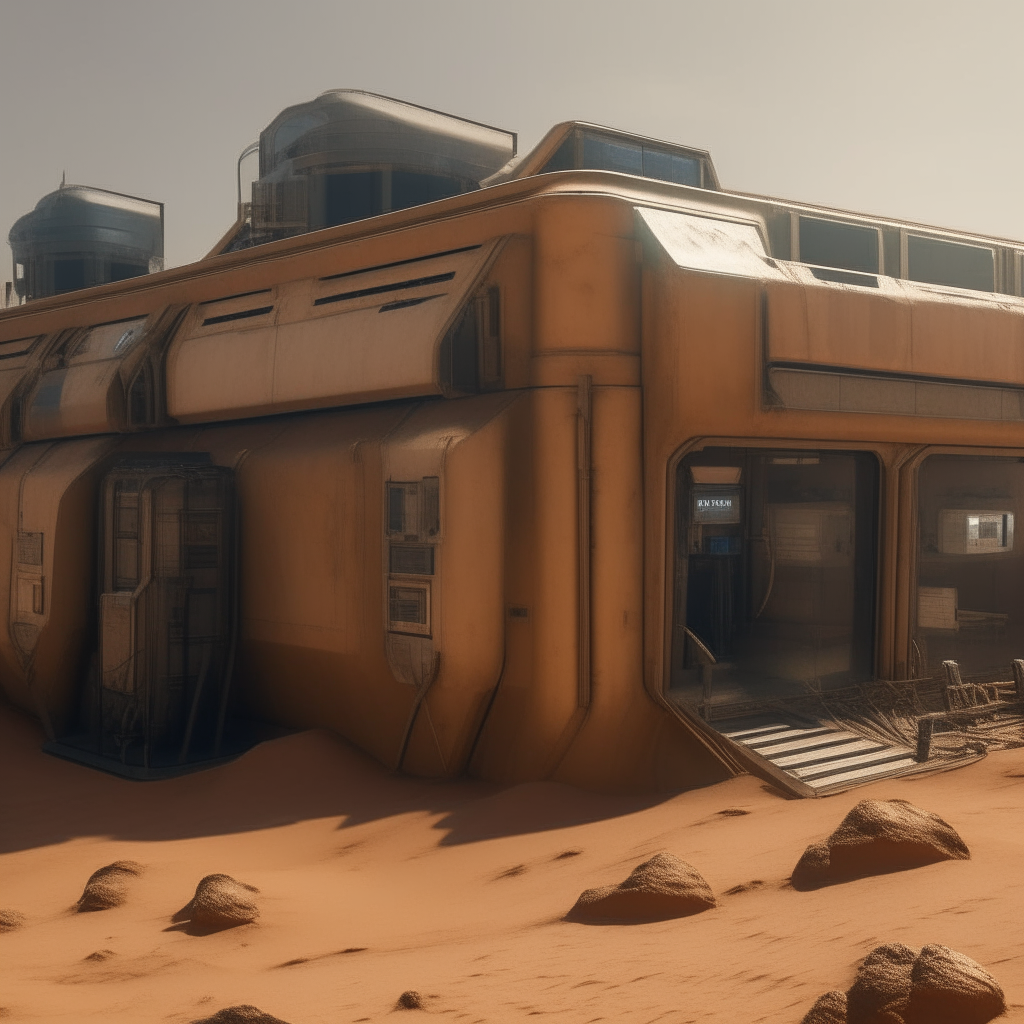 A close angular view of the Martian outpost, with sand scoured windows and equipment on the exterior