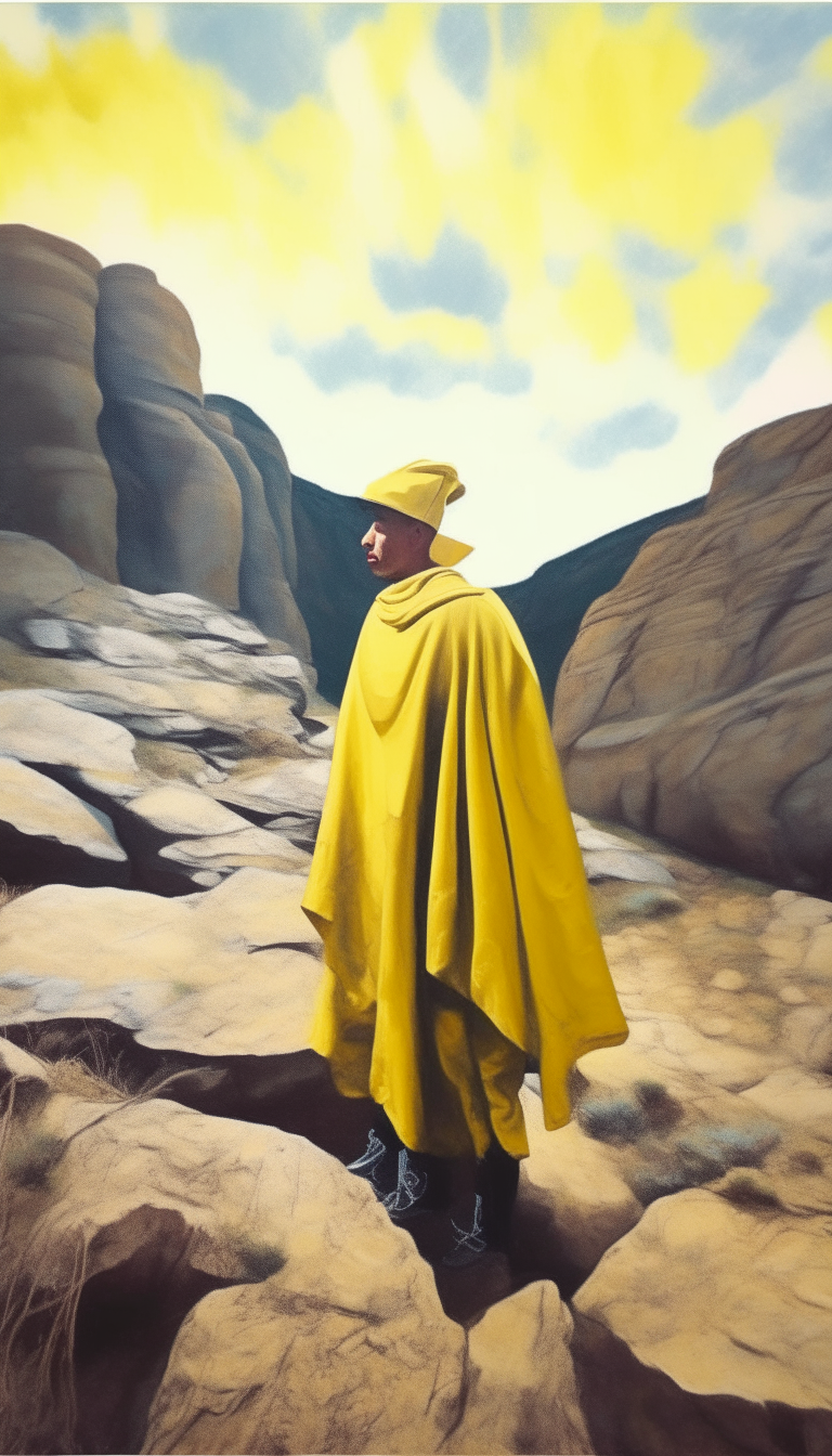 A surreal painting of a man in a yellow poncho standing among rocky formations, inspired by Magritte and Dali
