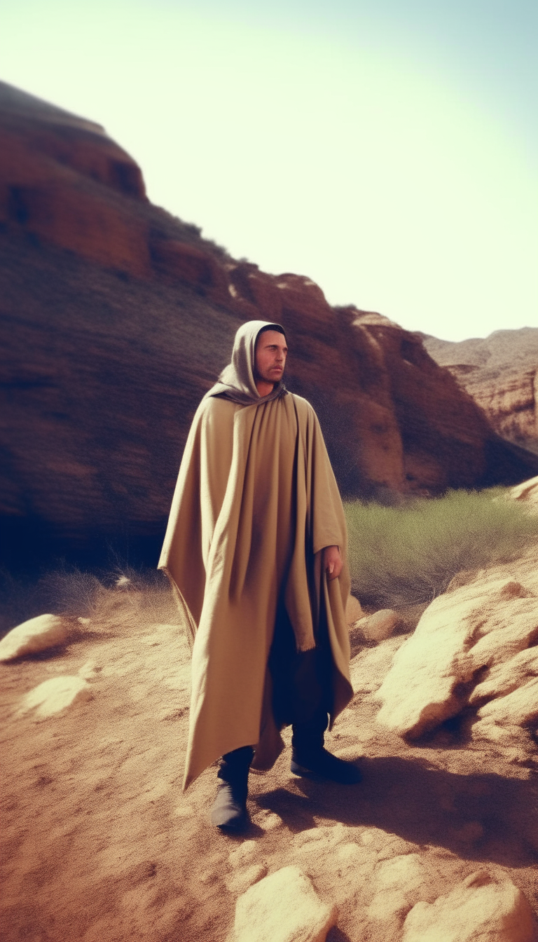 A man dressed as a Jedi, wearing brown robes and holding a lightsaber, stands in a rocky desert landscape