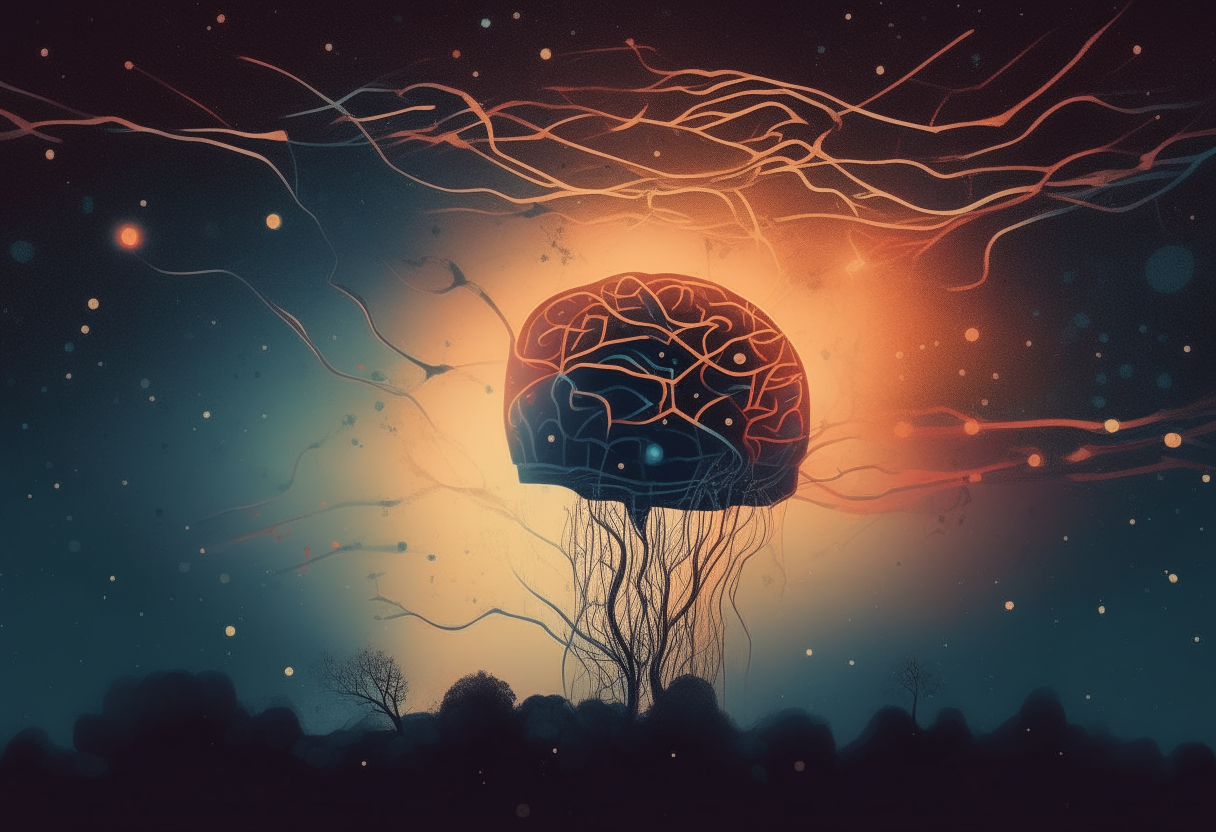 An abstract painting of a brain floating in space, with threads connecting it to planets, surreal style A minimalist vector illustration of a silhouette looking up at the stars, representing loneliness and longing A cinematic photo of a hand reaching up towards the sunlight streaming between trees, symbolizing powerlessness and existential thought